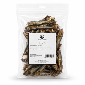 Beutel ganze getrocknete Heringe von foxred & brindle mit Etikett, 250 g