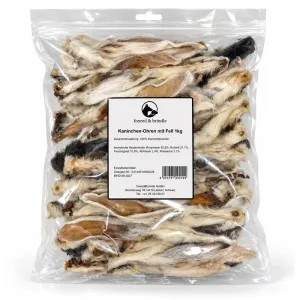 Beutel Kaninchen-Ohren mit Fell von foxred & brindle mit Etikett, 1 kg
