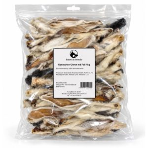 Beutel Kaninchen-Ohren mit Fell von foxred & brindle mit Etikett, 1 kg