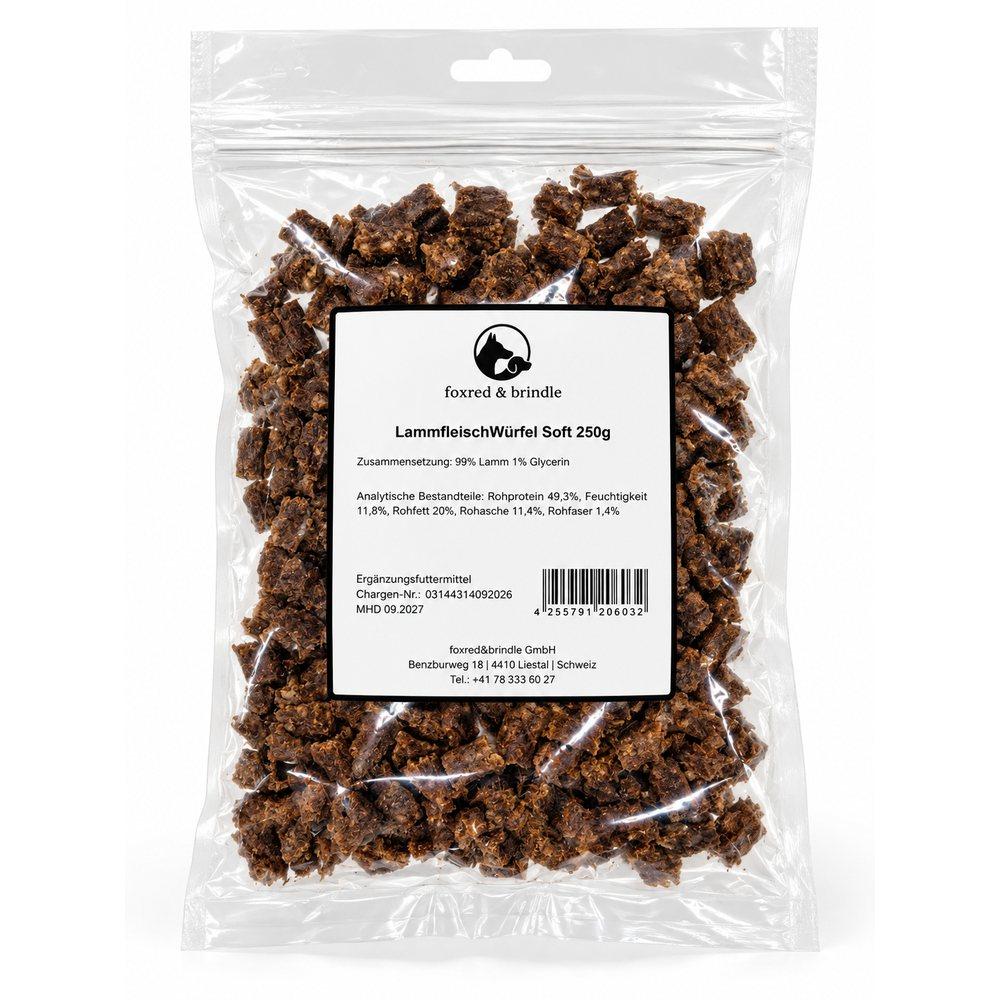 Beutel Lammfleisch-Würfel Soft von foxred & brindle mit Etikett, 250 g