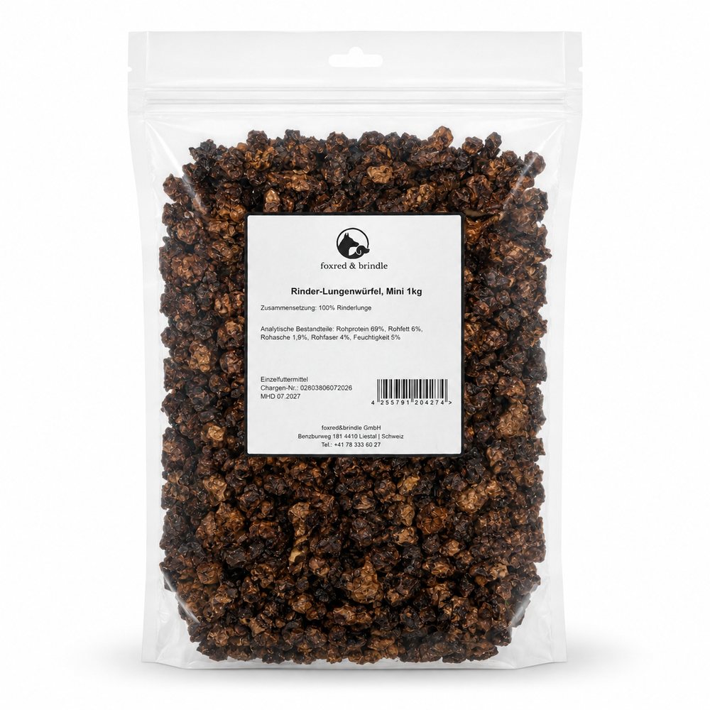 Beutel Rinder-Lungenwürfel Mini von foxred & brindle mit Etikett, 1 kg