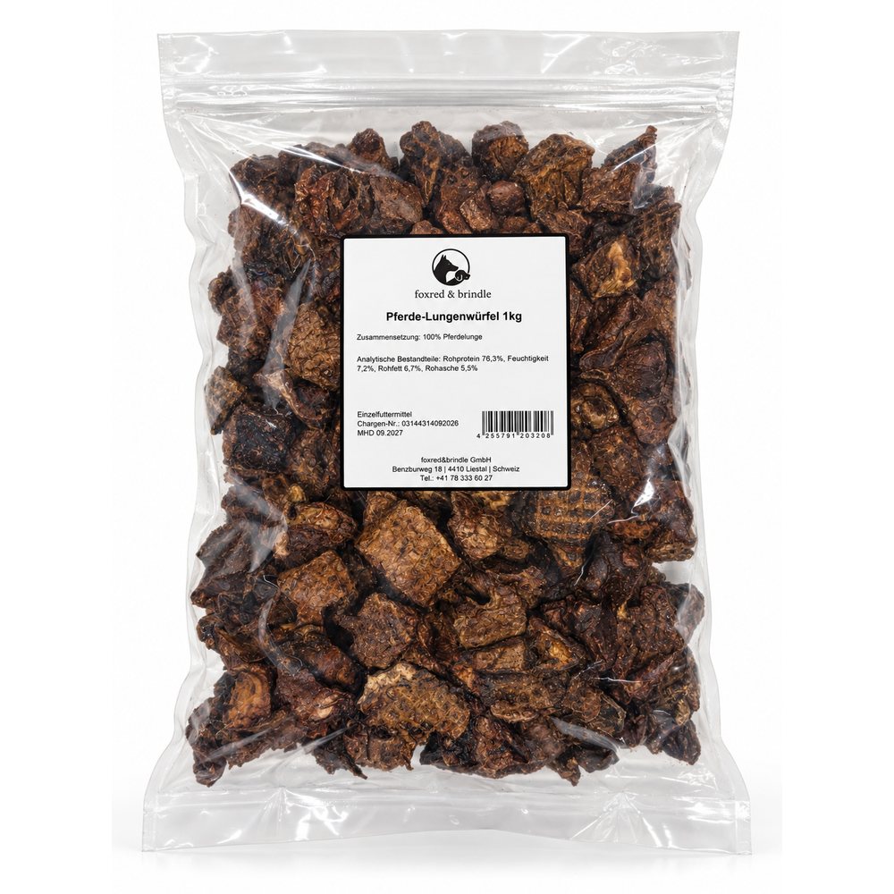 Beutel Pferde-Lungenwürfel von foxred & brindle mit Etikett, 1 kg