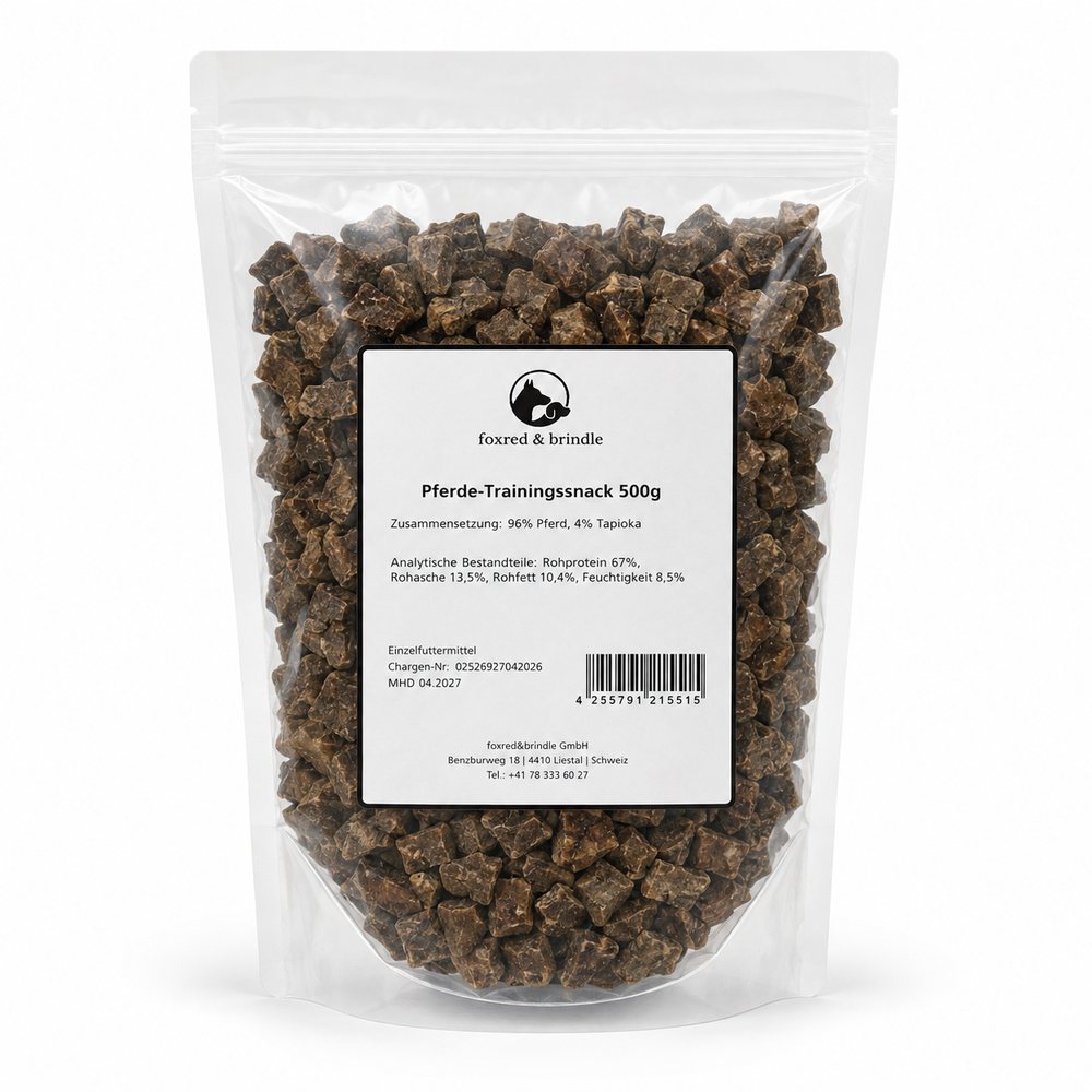 Beutel Pferde-Trainingssnack von foxred & brindle mit Etikett, 500 g