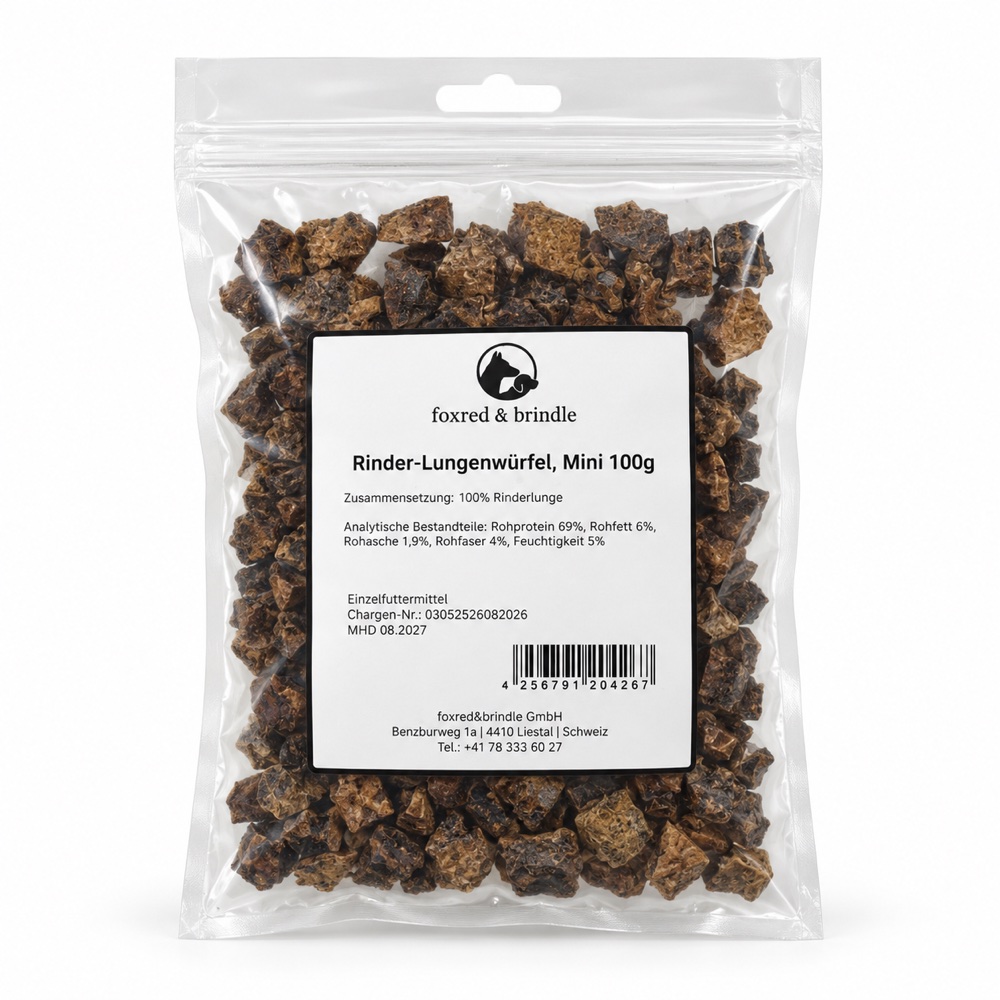 Beutel Rinder-Lungenwürfel Mini von foxred & brindle mit Etikett, 100 g