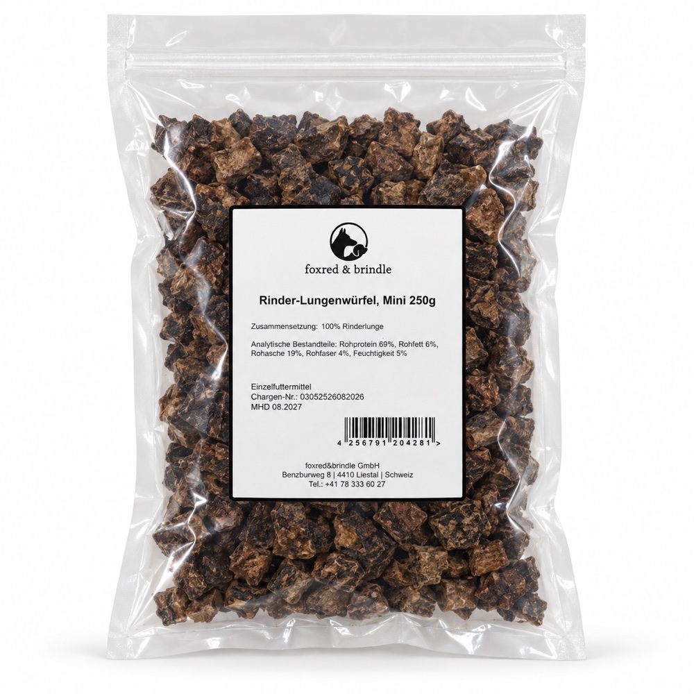 Beutel Rinder-Lungenwürfel Mini von foxred & brindle mit Etikett, 250 g