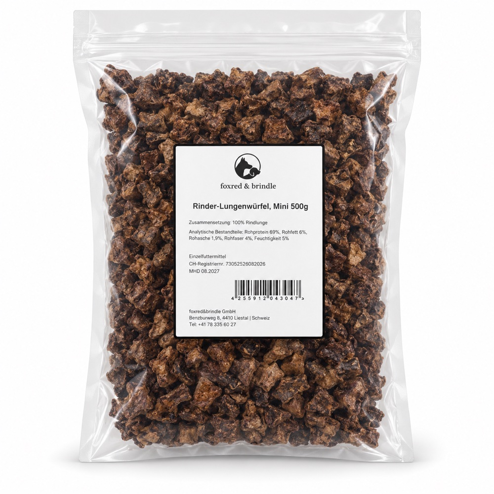 Beutel Rinder-Lungenwürfel Mini von foxred & brindle mit Etikett, 500 g