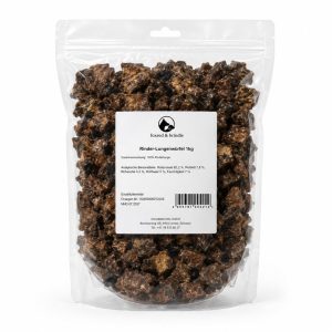 Beutel Rinder-Lungenwürfel in normaler Grösse von foxred & brindle mit Etikett, 1 kg