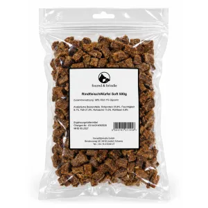 Beutel Rindfleisch-Würfel Soft von foxred & brindle mit Etikett, 500 g