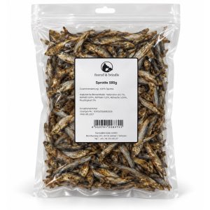 Beutel ganze getrocknete Sprotten von foxred & brindle mit Etikett, 500 g