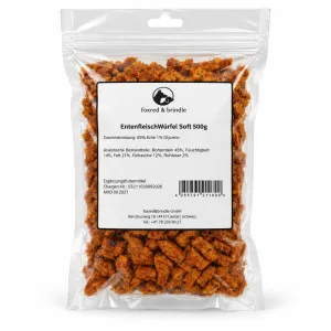 Beutel Entenfleisch-Würfel Soft von foxred & brindle mit Etikett, 500 g