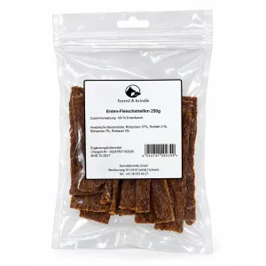 Beutel Enten-Fleischstreifen von foxred & brindle mit Etikett, 250 g