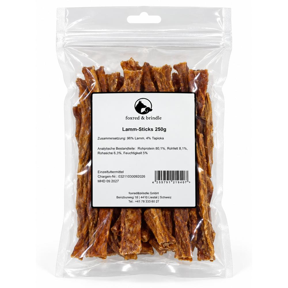 Beutel Lamm-Sticks von foxred & brindle mit Etikett, 250 g