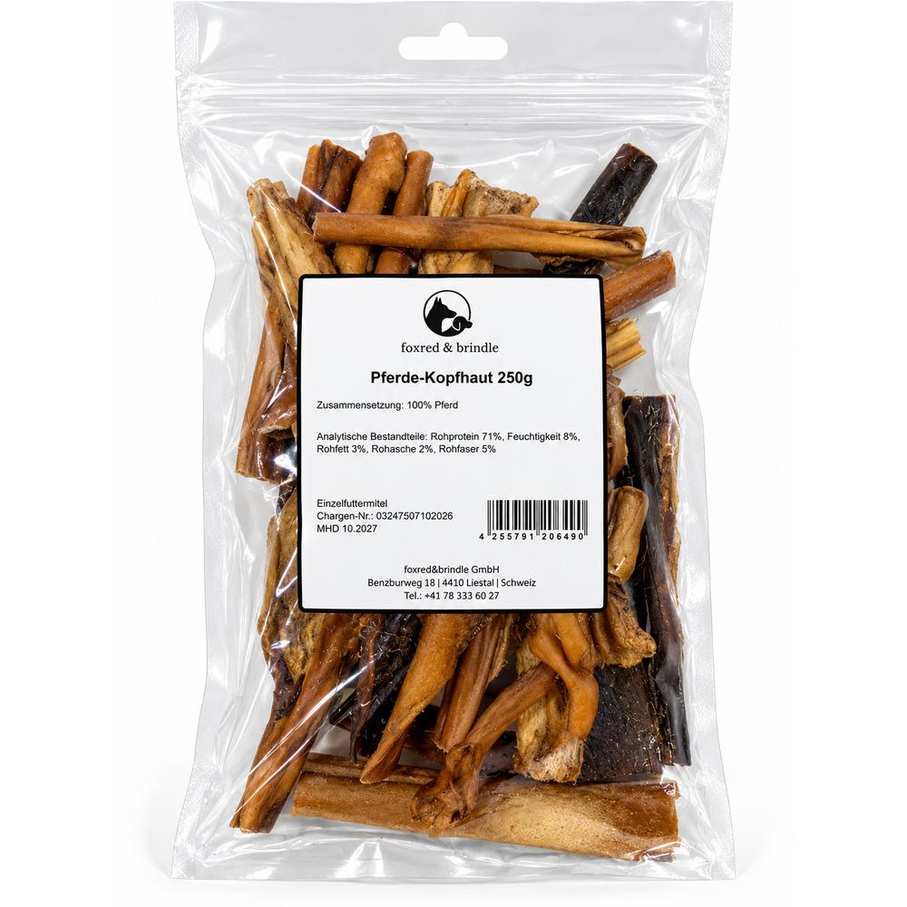 Beutel Pferde-Kopfhaut von foxred & brindle mit Etikett, 250 g