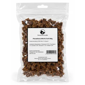 Beutel Pferdefleisch-Würfel Soft von foxred & brindle mit Etikett, 500 g